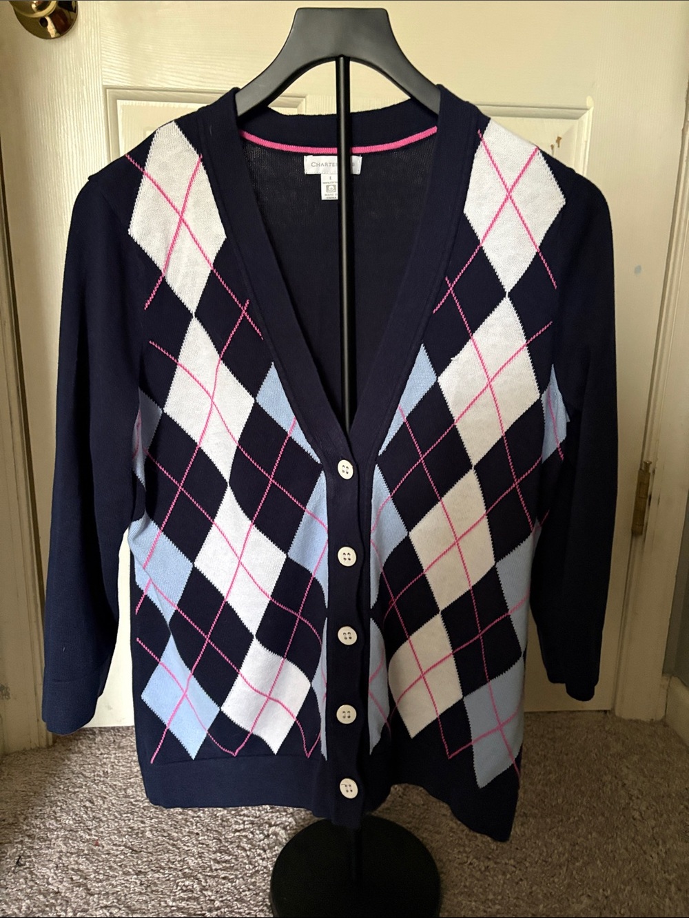 Vintage Charter Club Navy Argyle Cardigan with Light Blue, White & Pink Trim